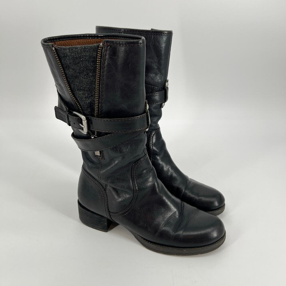 Naya Saffron Boot Women 6 Black Leather Comfort Biker Motorcycle Belted Mid Calf